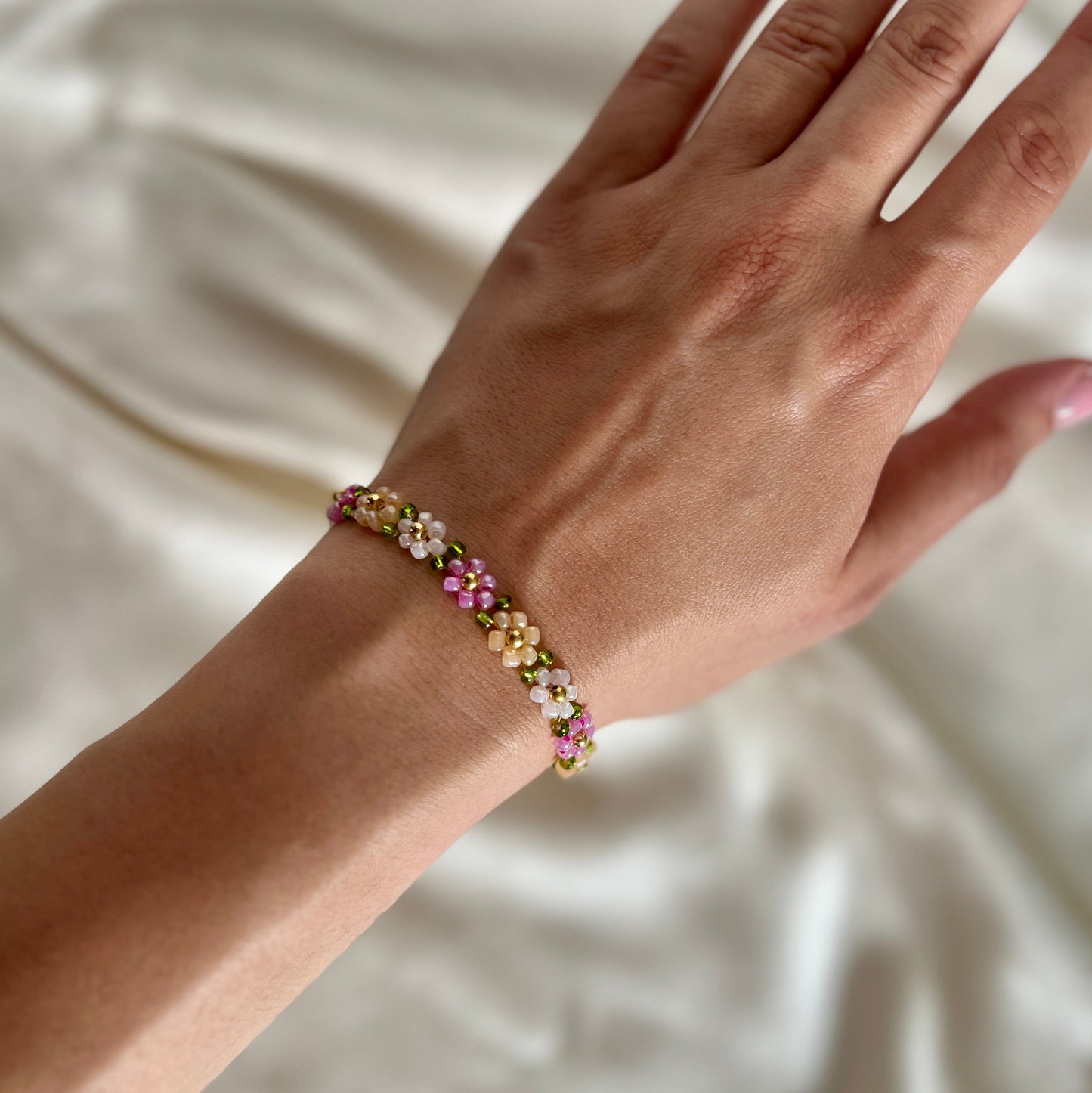 Flower Pearl Armband Rosa/Grün