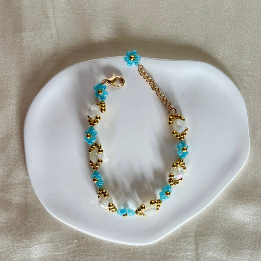 Flower Pearl Armband Hellblau/Weiß